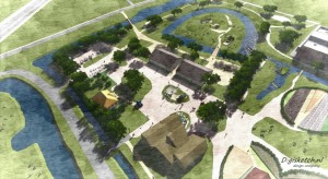Impressie van het toekomstige park met dierenweide, tuinen, speeltuinen en nieuw gebouw met horeca en ontmoetingsruimten